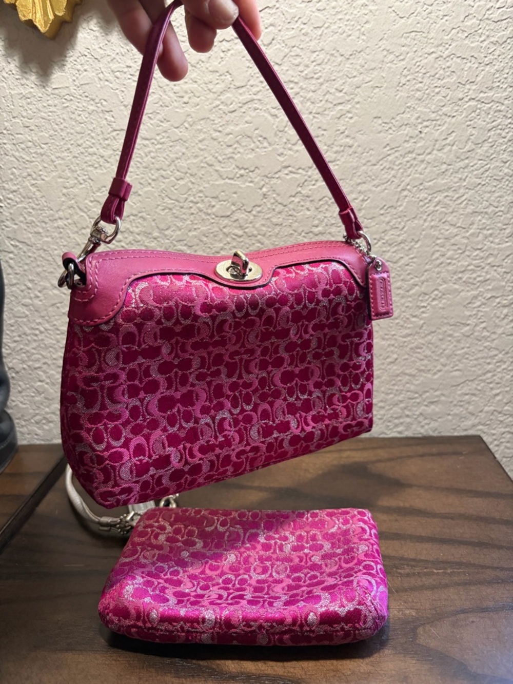 Coach Hot Pink Glitter Optic Lurex Turnlock Mini Bag & Wristlet Set (RARE BAG)